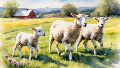 Fototapeta premium Watercolor illustration of playful lambs interacting in a lush green meadow with a rustic barn in the background, capturing the essence of farm life