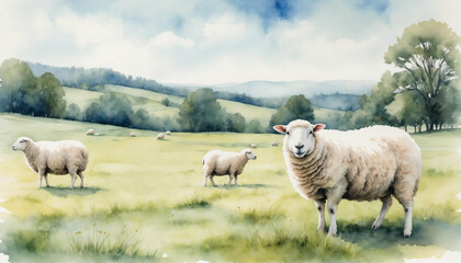 Watercolor illustration showcasing serene pastoral landscapes of sheep graze peacefully in a lush green field under a clear blue sky during early spring