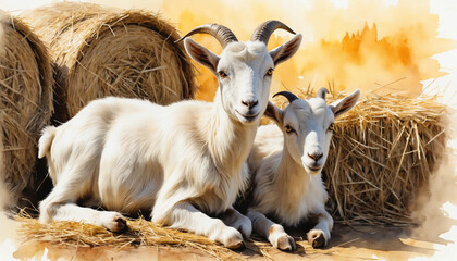 Obraz premium Watercolor illustration showing two young goats resting near straw bales during a sunny afternoon at a rural farm
