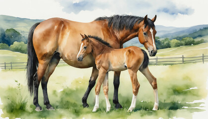 Watercolor illustration depicting a mare standing protectively beside her newborn foal in a lush green pasture, surrounded by rolling hills and a wooden fence under a cloudy sky