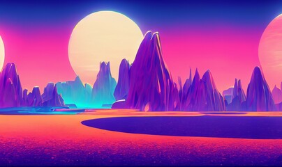 A vibrant abstract landscape in neon pink and blue with bright lines. Retro futuristic landscape, eighties background. Futuristic pastel colored retroInspired landscape view wallpaper. 