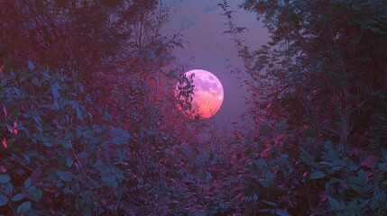 Naklejka premium Digital illustration of a full moon in the night sky. the moon is partially obscured by trees and bushes, creating a beautiful and serene atmosphere.