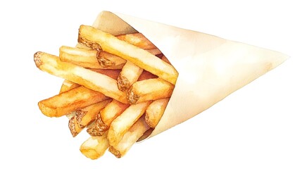 Warm and Crispy Golden French Fries in a Dreamy Watercolor Paper Cone