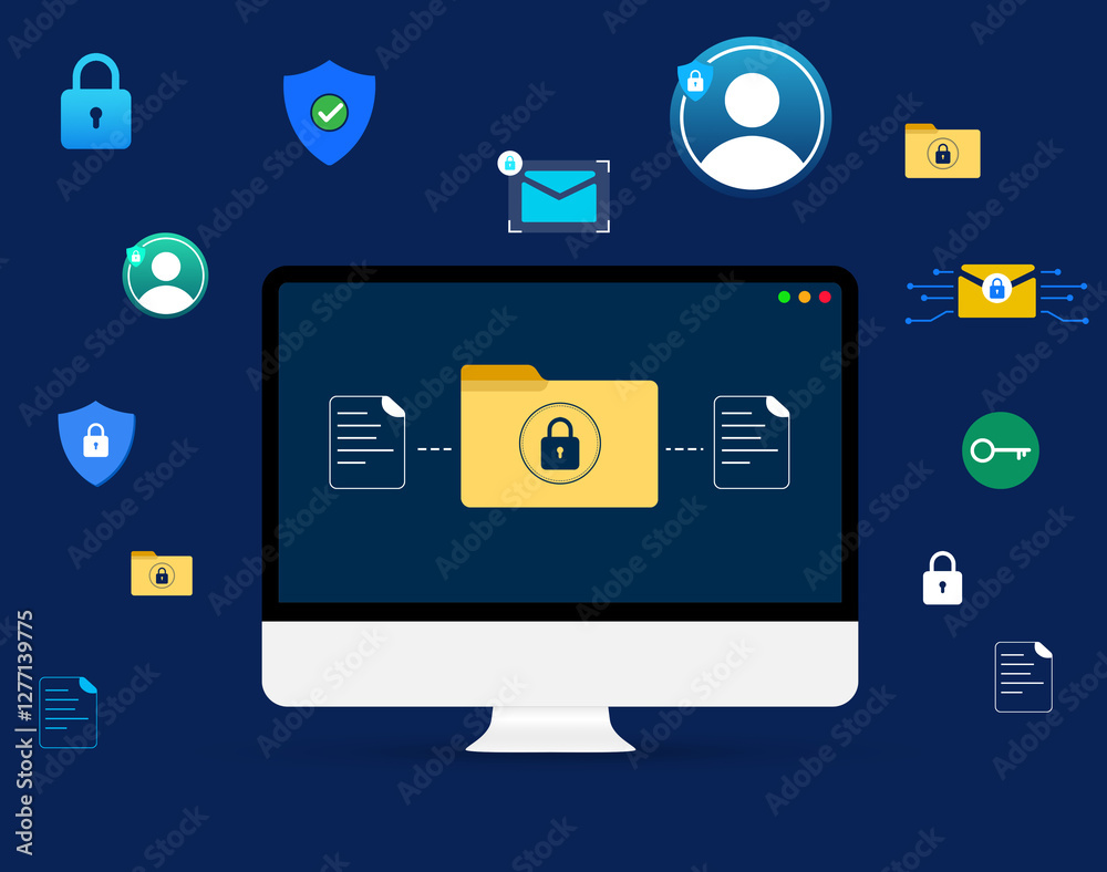 Poster data and files encryption concept background with locks and sharing on the screen, data protection, 