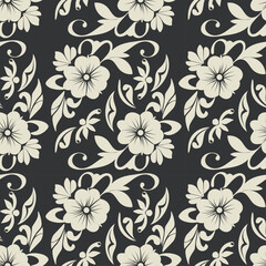 Floral seamless pattern, flower ornament in retro, vintage design and grey color on dark background for wallpaper, textile, packaging, print and decoration. Black and white.