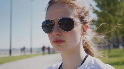 A young woman wearing sunglasses outdoors, with a blurred background of people and greenery.