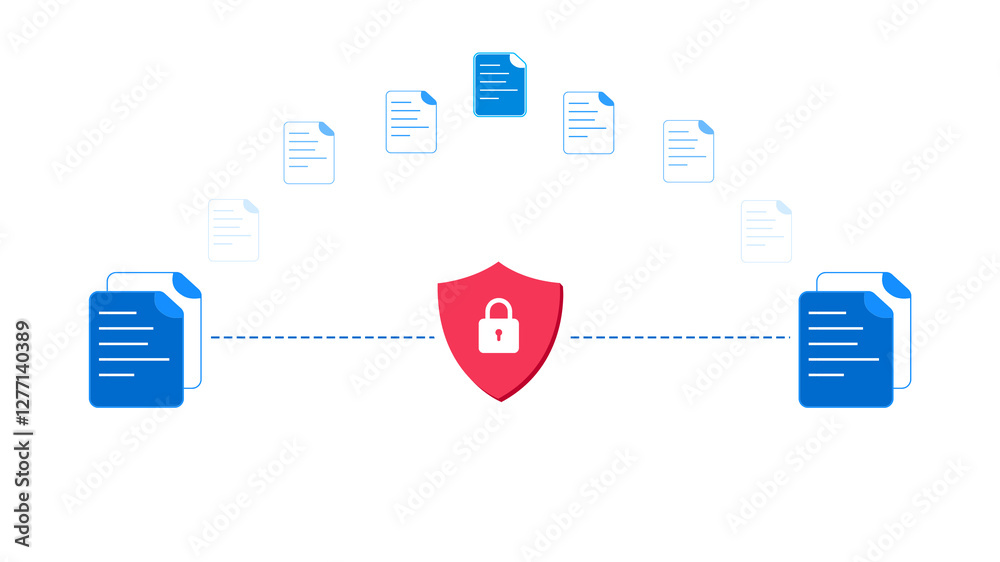 Poster secure and protected data sharing minimalist design with blue files and lock in the center, technolo