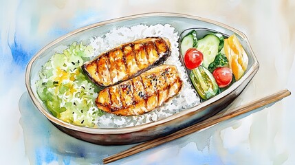 Whimsical Watercolor of Colorful Bento Box Meal with Rice, Grilled Fish, and Pickled Vegetables