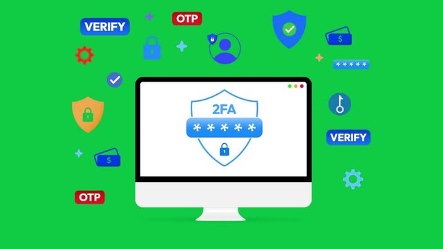 2FA security concept floating designs around the screen 4k animation with green backdrop for keying. Two-factor authentication, lock, verification concept