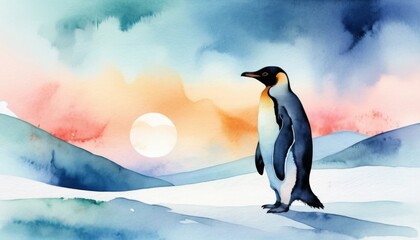 Fototapeta premium Watercolor illustration of a penguin stands proudly on a snow-covered surface, surrounded by soft hills as a vibrant sunset paints the sky in hues of orange and blue