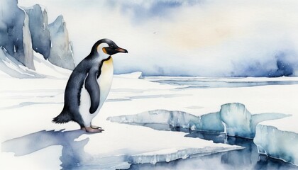 Watercolor illustration of a penguin stands on the edge of ice and water, exploring the icy wilderness in a picturesque during the winter season