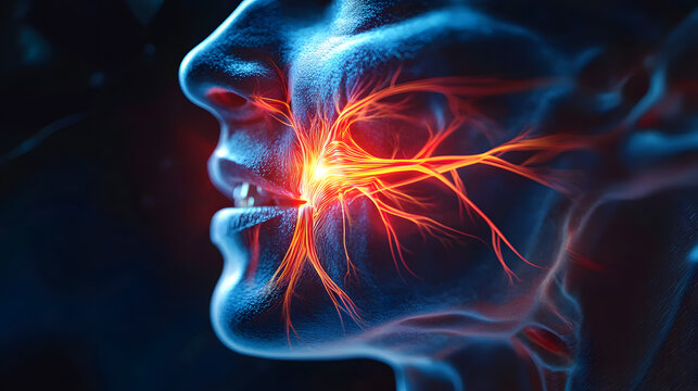 trigeminal nerve with a highlighted area indicating pain, surrounded by educational text about trigeminal neuralgia symptoms and treatments