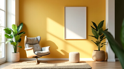 gray armchair in a sunlit room with yellow walls and potted plants