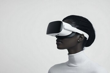 African american woman wearing virtual reality headset. Modern tech user in white turtleneck on light background. Side view profile. VR gaming and digital experience concept with copy space