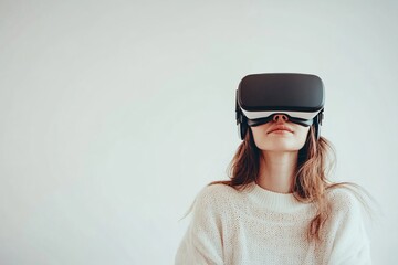 Caucasian woman wearing virtual reality headset in white sweater against light background. Modern technology, gaming and digital entertainment experience. Space for text