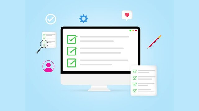 A checklist appears on the computer screen with notes floating, 4k animation. Business, green tick, mark, pencil, user, magnify glass, report