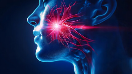 trigeminal nerve with a highlighted area indicating pain, surrounded by educational text about trigeminal neuralgia symptoms and treatments