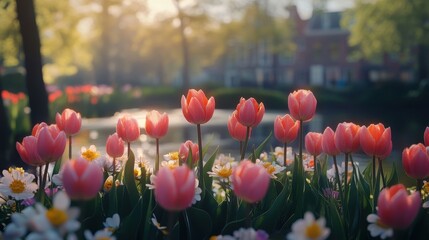 Obraz premium Serene garden with pink tulips and daisies at sunrise by a tranquil river