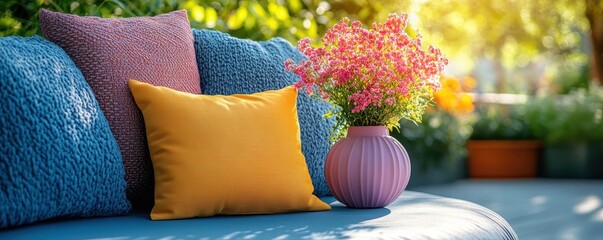 Colorful outdoor patio setting with cushions and flower vase in sunlight