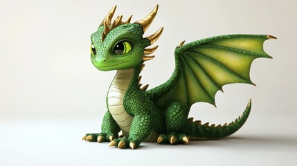 Obraz premium Adorable green baby dragon with golden horns and wings on white background