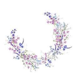 Watercolor hand draw wreath with spring flowers, meadow wildflowers, isolated on white background © марина васильева