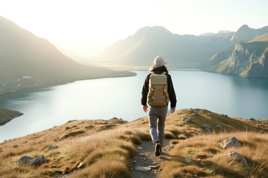 lone hiker with a backpack walks a mountain path overlooking a tranquil lake and majestic mountains
