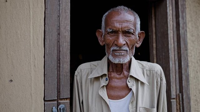 Weathered elderly man standing in wooden doorway, embodying wisdom and dignity of rural life, reflecting deep generational experience and cultural heritage