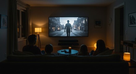 a family sitting in front of a huge flat screen television in the living-room in the evening watching a movie spending leisure time together