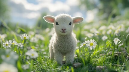 Obraz premium Adorable lamb in a sunny meadow with daisies on a bright spring day