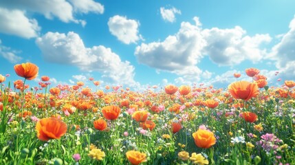 Obraz premium Vibrant poppy field under blue sky with fluffy clouds on a sunny day