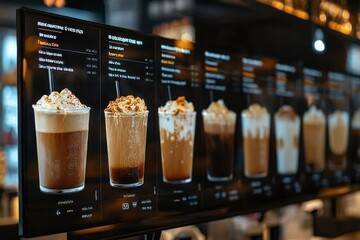 A digital menu board displaying a variety of 3D coffee drinks, modern UI design