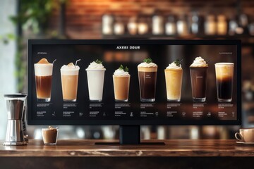 A digital menu board displaying a variety of 3D coffee drinks, modern UI design