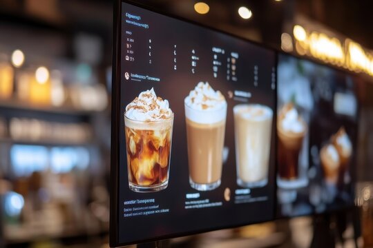 A digital menu board displaying a variety of 3D coffee drinks, modern UI design
