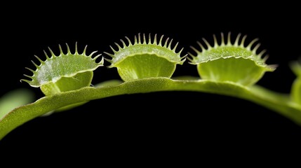 Three green plant structures with spiky edges, showcasing unique botanical features.