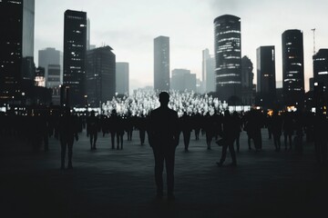 Obraz premium Silhouetted crowd in urban skyline at dusk with male figure in foreground