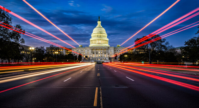 A blurred motion shot of car lights streaking through the streets, with the Washington D.C. Capitol building glowing in the background, creating a dynamic and atmospheric cityscape.