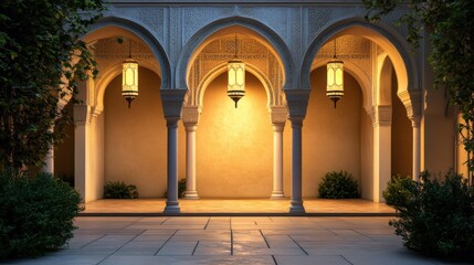 Fototapeta premium Serene Architectural Design of An Elegant Courtyard at Dusk