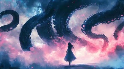 Eldritch creatures and ancient being with tentacles, eerie fantasy art in misty atmosphere. Eldritch Tentacle Beings. Illustration