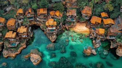 Obraz premium Kayaking adventure in tropical lagoon scenic beach aerial view serene environment exotic vibes