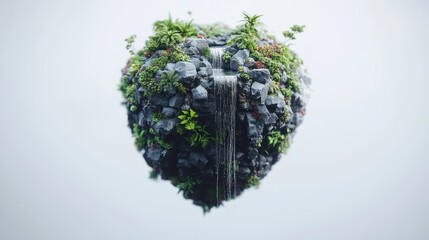 Floating island with waterfall surrounded by lush greenery fantasy landscape digital art serene environment