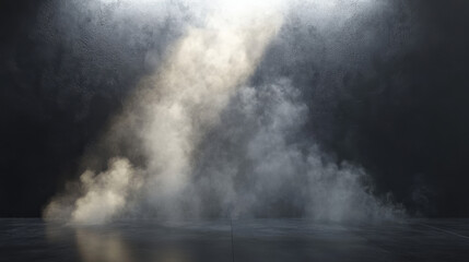 Fototapeta premium A product showcase set against a black studio backdrop, illuminated by a spotlight. This blank concrete wall and floating smoke effect create a dramatic setting for product displays or montages