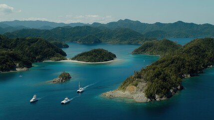 Obraz premium Sailing adventure through idyllic islands tropical waters aerial view stunning nature landscape