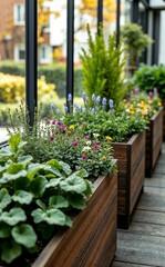 Colorful balcony garden with blooming flowers and lush plants in wooden planters against an urban backdrop for vibrant city living