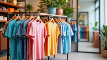 Obraz premium Colorful t shirts displayed in a vibrant clothing shop