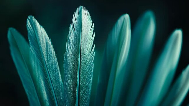Colorful feathers arranged in a fan shape display intricate textures and patterns in a captivating close-up view