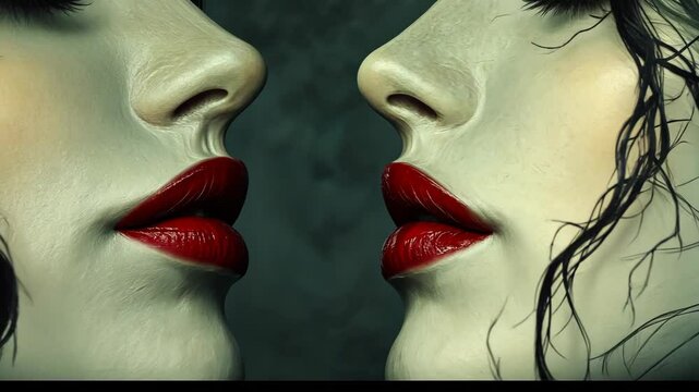Portrait of two women with bold red lips and dramatic contrasts in facial features against a dark background