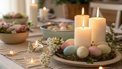 Naklejka premium Elegant Easter candles burning softly on a festive table, surrounded by pastel-colored eggs and fresh spring flowers, warm ambient lighting, cozy and serene atmosphere, shallow depth of field