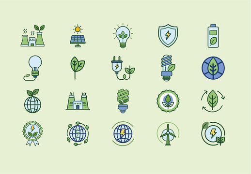 Green And Blue Eco-Friendly Sustainable Energy Icons Set