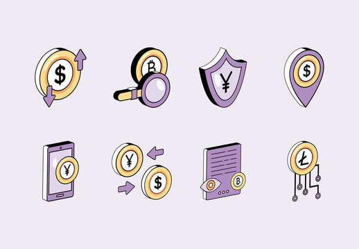 Violet and Yellow Isometric Cryptocurrency and Finance Icons Set