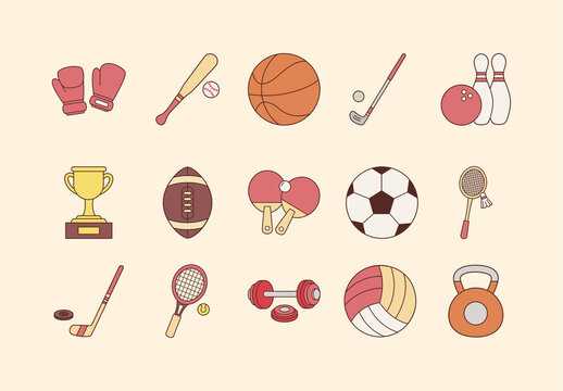Red and Yellow Flat Minimalist Sports Equipment Icons Set